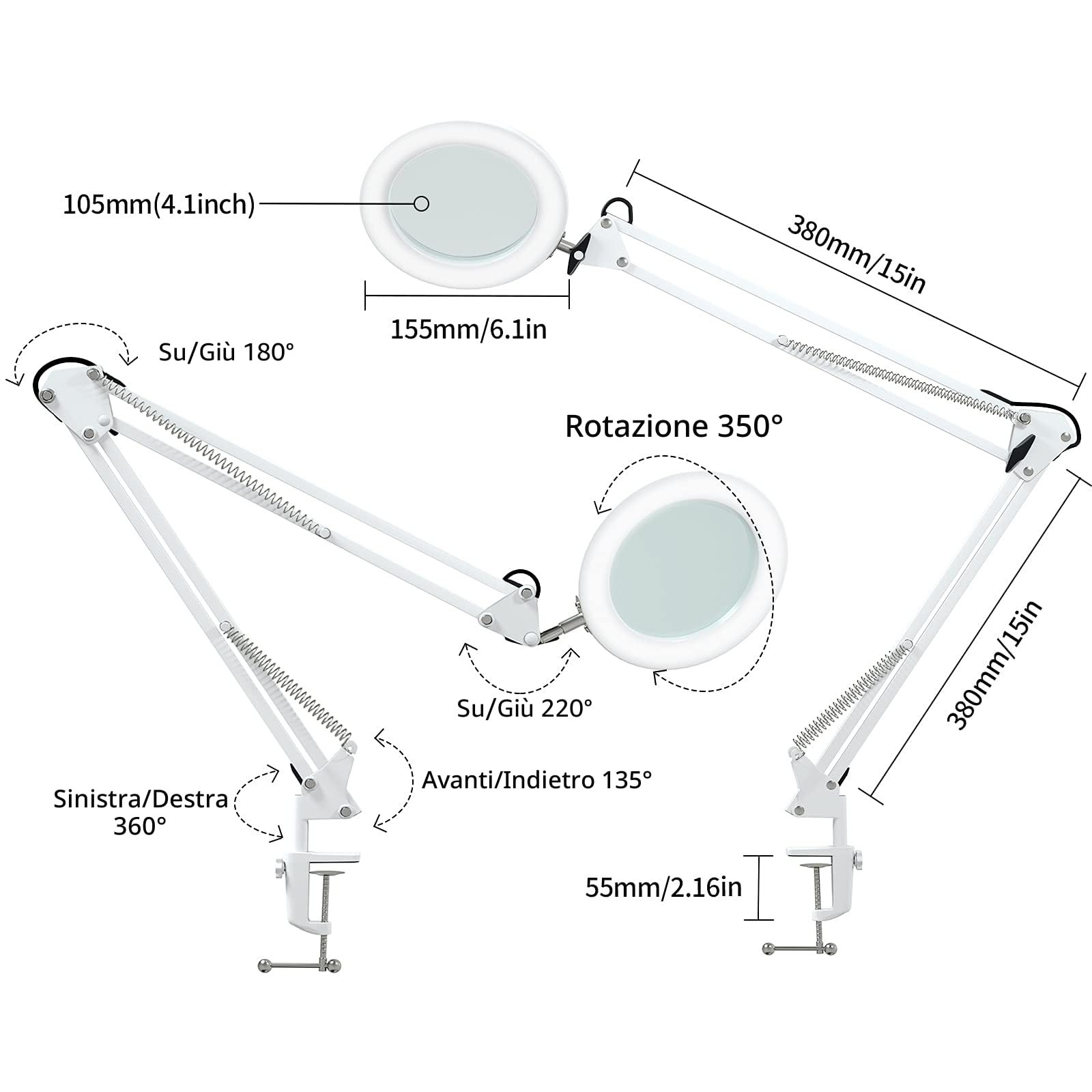 Lampada d'Ingrandimento/Lampada da Lavoro - Lente in Vetro 105 mm 5 Diottrie, 750 Lumen Dimmmerabile 3 Colori, Braccio Orientabile 90 cm per Hobby Creativi e Lavori di Precisione
