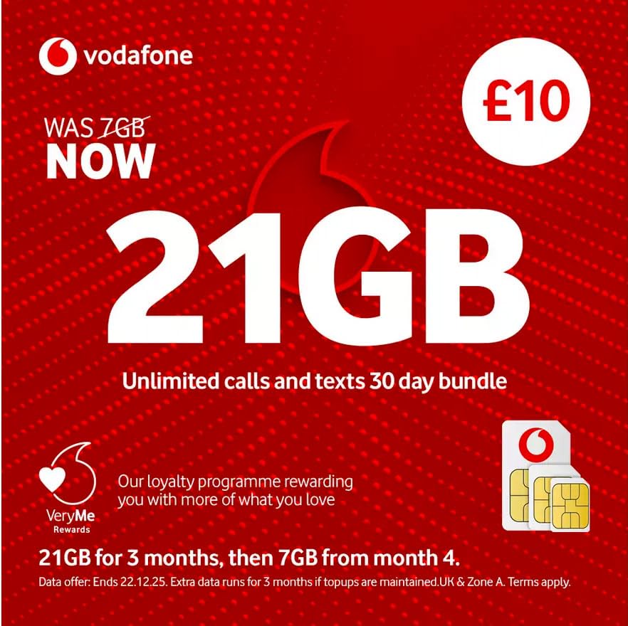 Vodafone Pay As You Go SIM Card, Unlimited Calls and Texts, 30 Day Bundle (£10)
