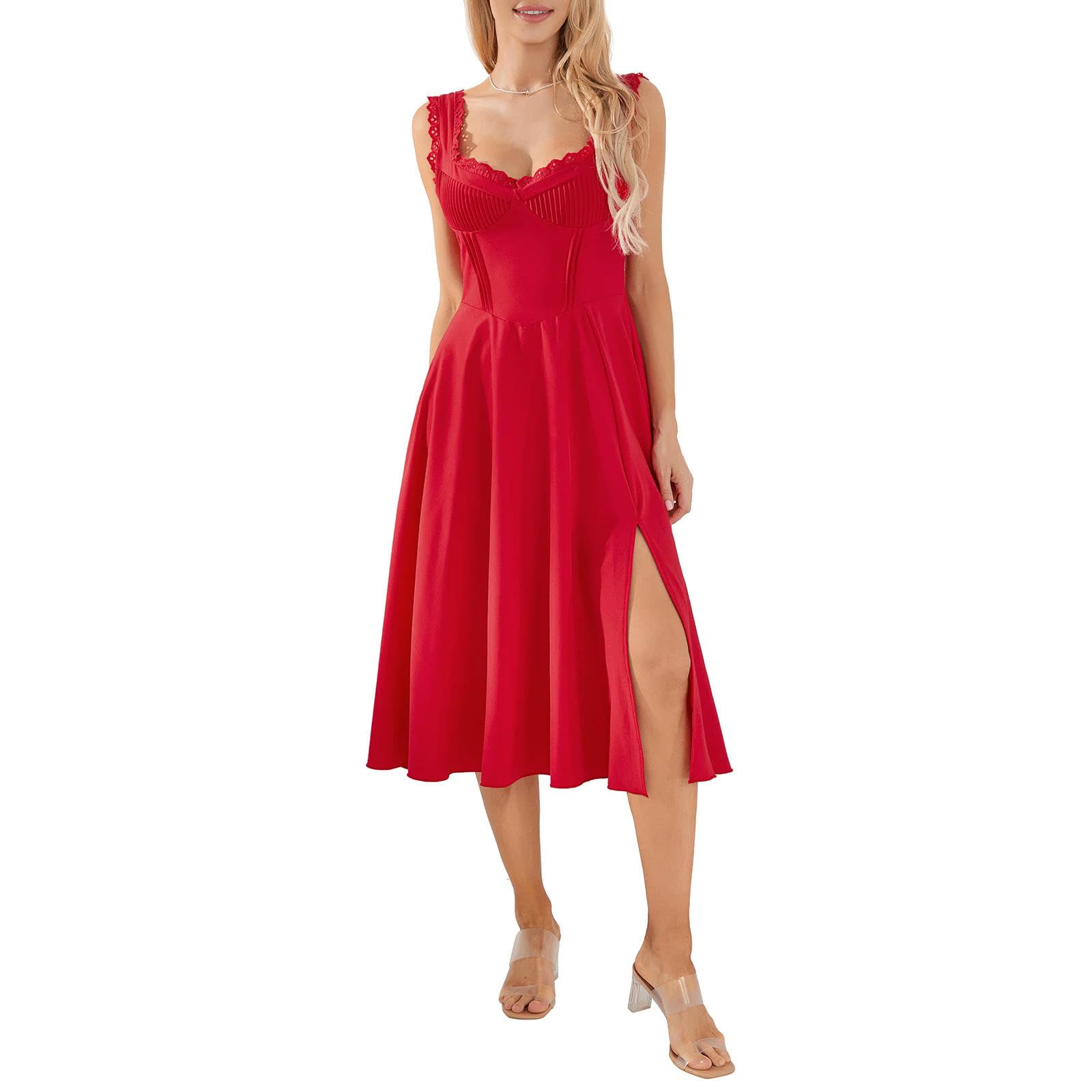 Abito da Donna con Corsetto Midi alla Moda Primavera-Estate in Pizzo Patchwork con Spacco Elegante Aderente Fluido a Linea A Vestito Estivo Casual-Rosso-M
