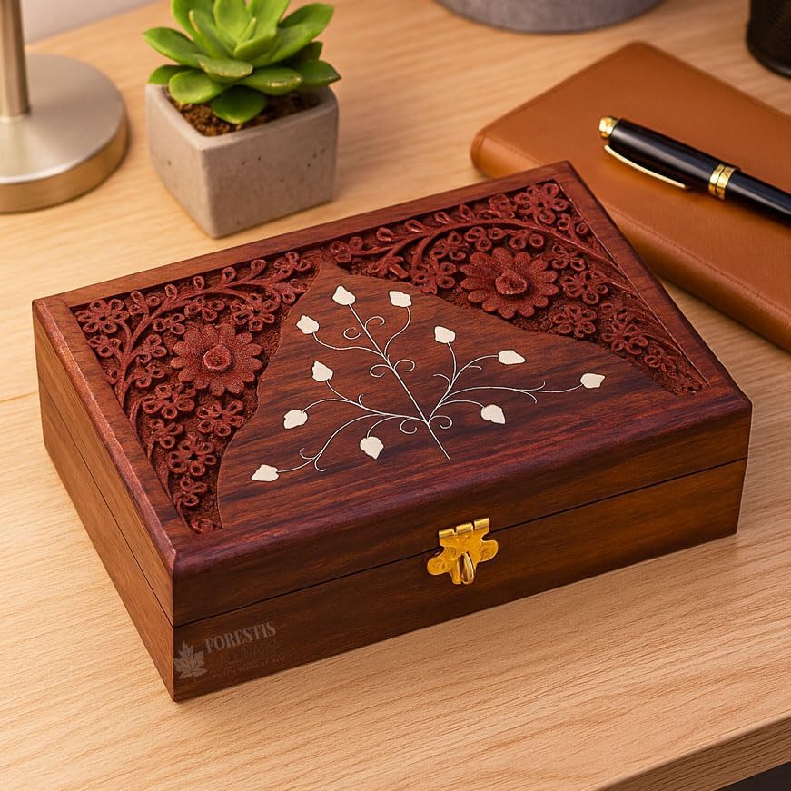 Image of Exquisitely Hand Brass-Filled Wooden OM Box for Good Luck| Jewellery Box (8X5 Inches, Crown)