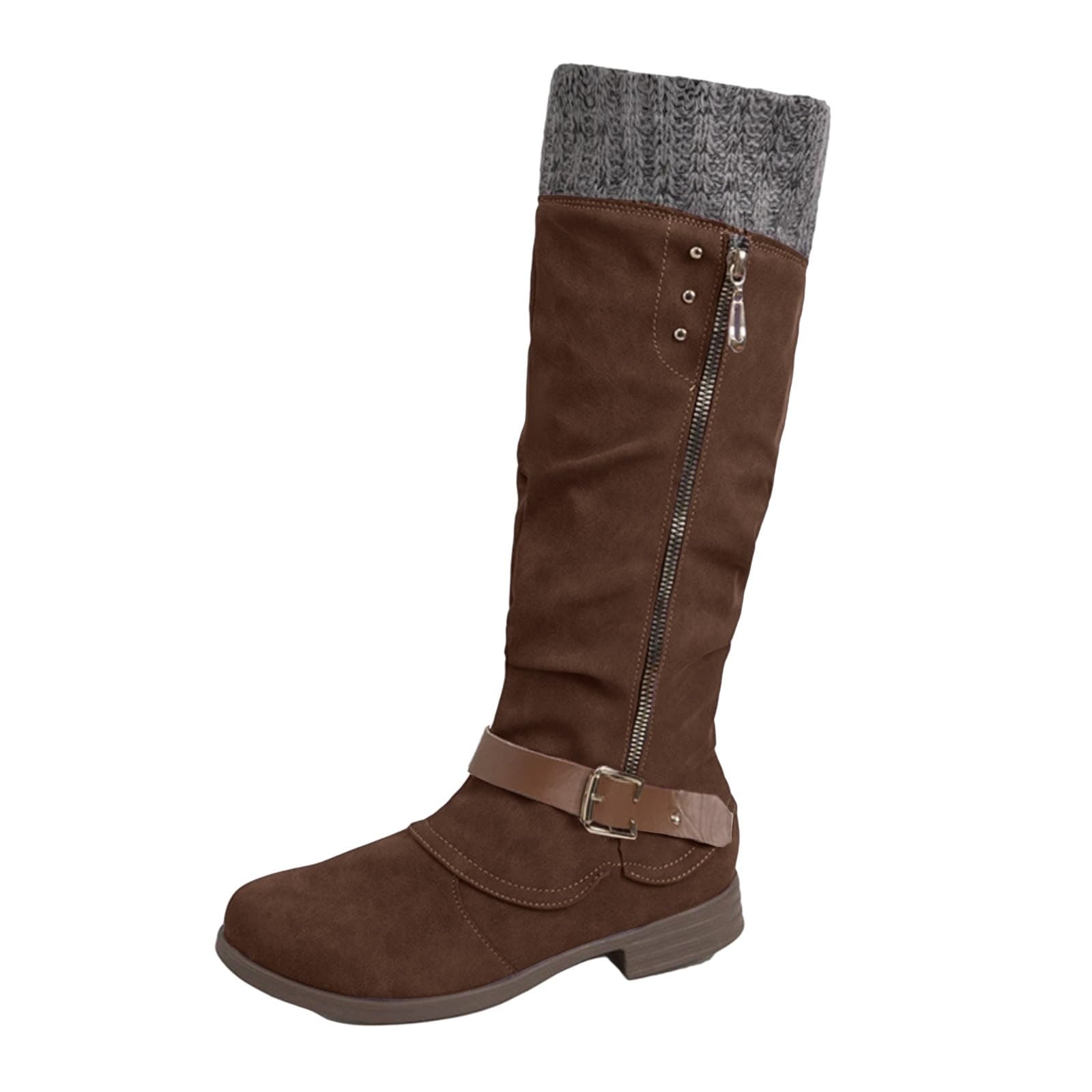 Womens Tall Knee High Fashion Riding Boots Sweater Knitted Ruched Cuff Snow Boots Round Toe Low Heel Motorcycle