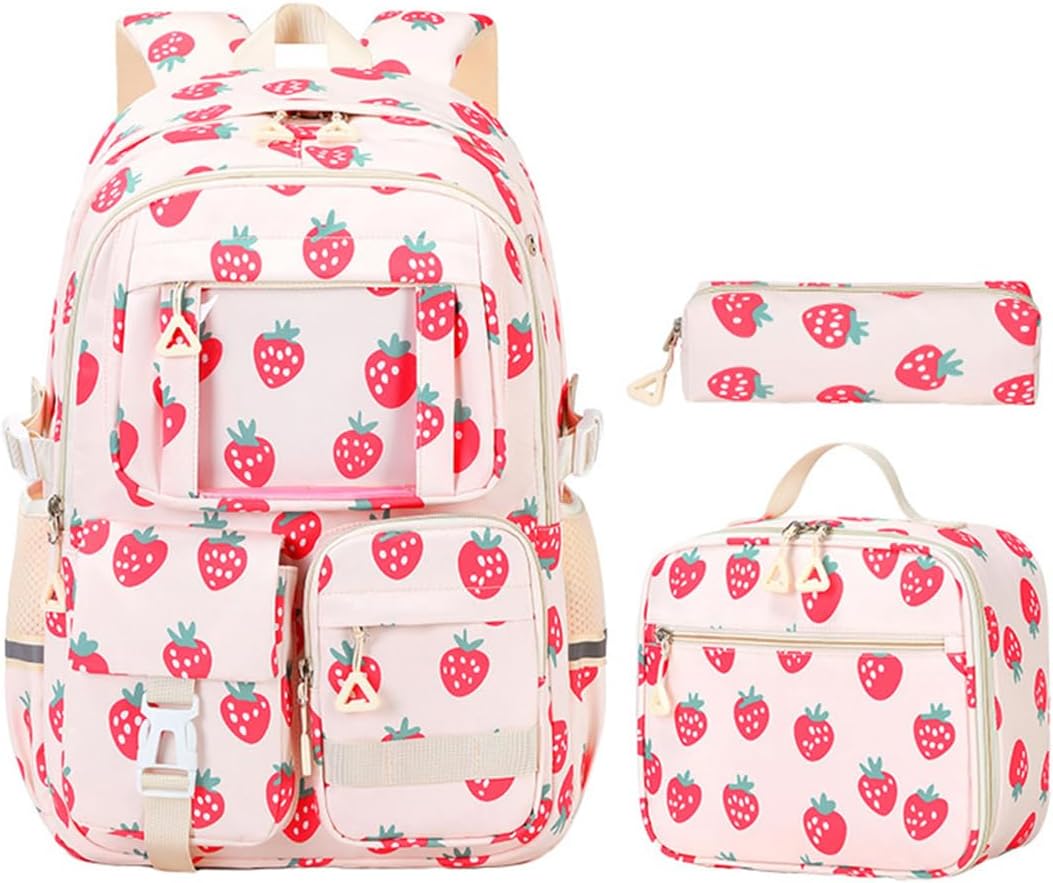 JiaYou Girls Dopamine Color Backpack Casual Daypack fit for School travel outdoor activities(Strawberry-3Pcs,25 Liters)