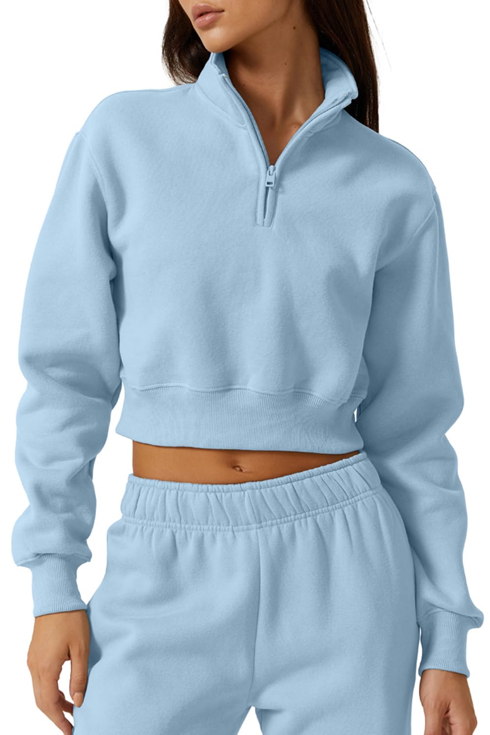 Womens Half Zip Crop Sweatshirt High Neck Long Sleeve Pullover Cropped Top-image-24