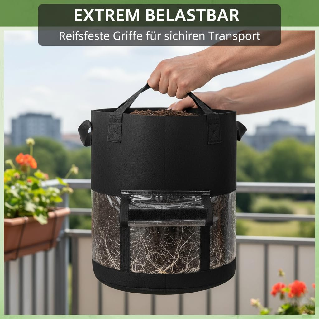 Premium Kartoffel Pflanzsack für effizienten Anbau | 7/10 Gal Vliesstoff-Pflanzbeutel mit Sichtfenster & Tragegriffen | Robuster Stofftopf für Garten & Balkon, Mehrfach verwendbar (4pcs,7 Gallonen)