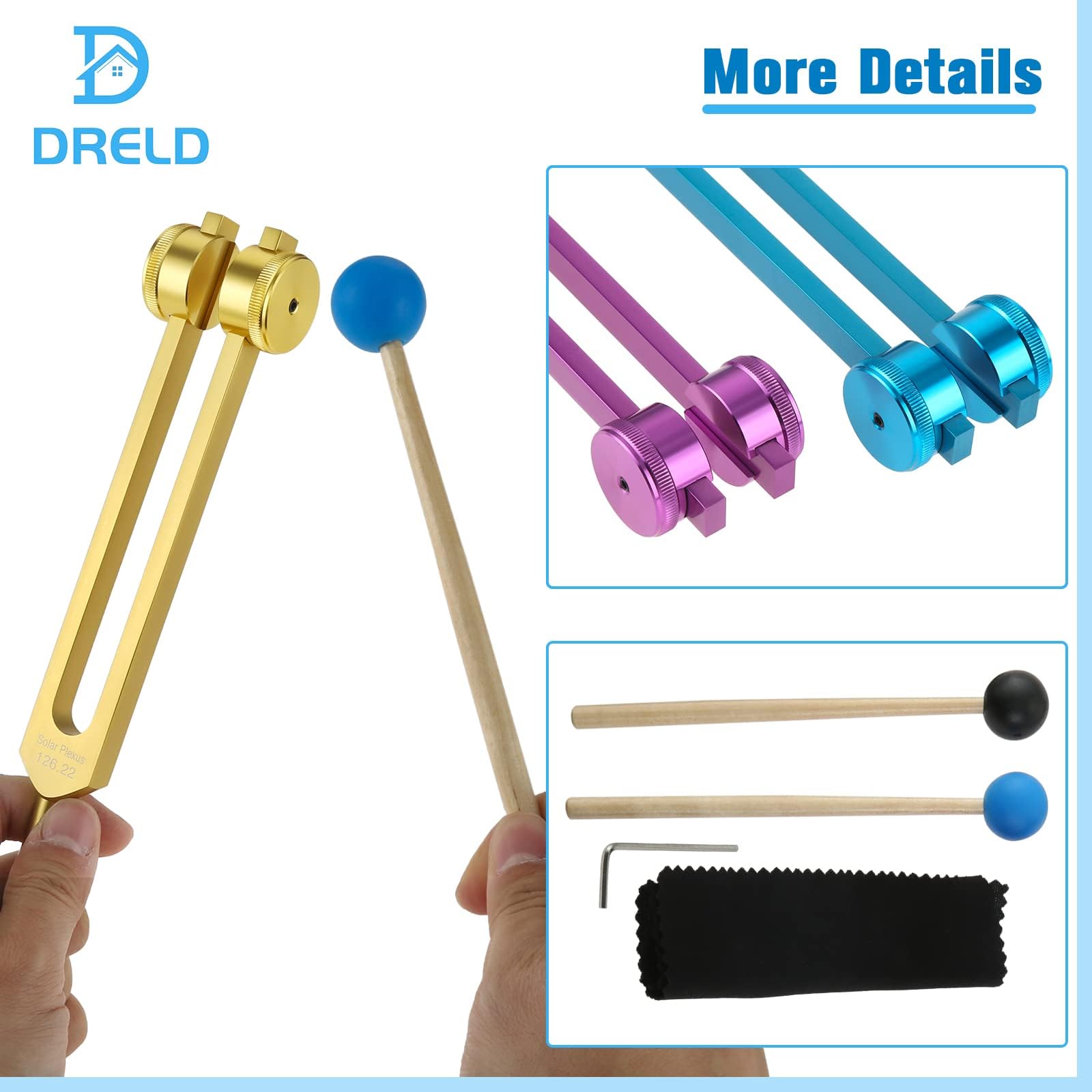 DRELD Chakra Stimmgabel Set mit Kristallverlängerung 7 Chakra und 1 Seelenzweck gewichtete Stimmgabel Solfeggio Stimmgabel set mit 2×Silikonhammer für Heilung Klangtherapie Vibration (Bunt. 8 STK)