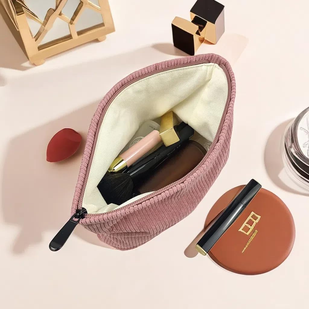 2 Pezzi Pochette Trucchi, Bustina Portatutto in Tela, Porta Trucchi da Borsa e Viaggio con Cerniera, Beauty Cosmetica Makeup Bag - Rosa (1 Grande + 1 Piccolo)