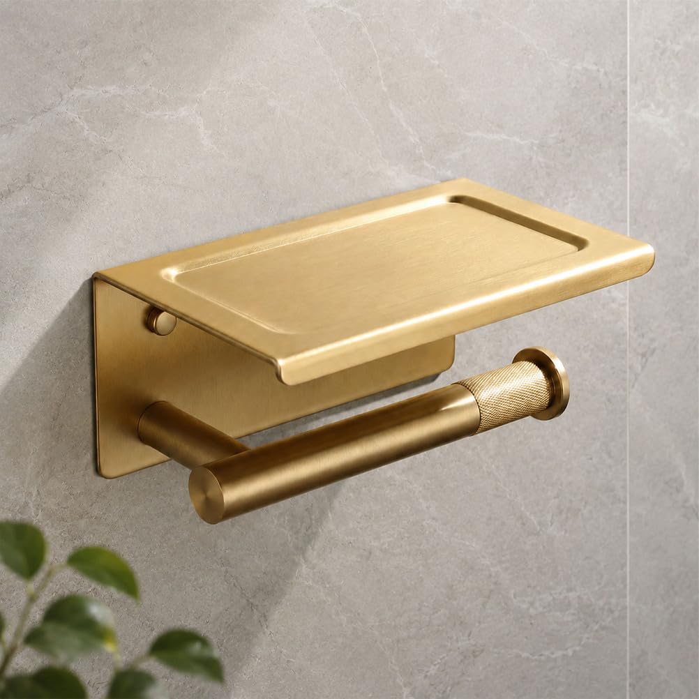 Portarotolo da Parete con Mensola, Carta Igienica Oro Spazzolato per Bagno e Cucina, Ottone, Resistente all'Acqua e Antiruggine | 1