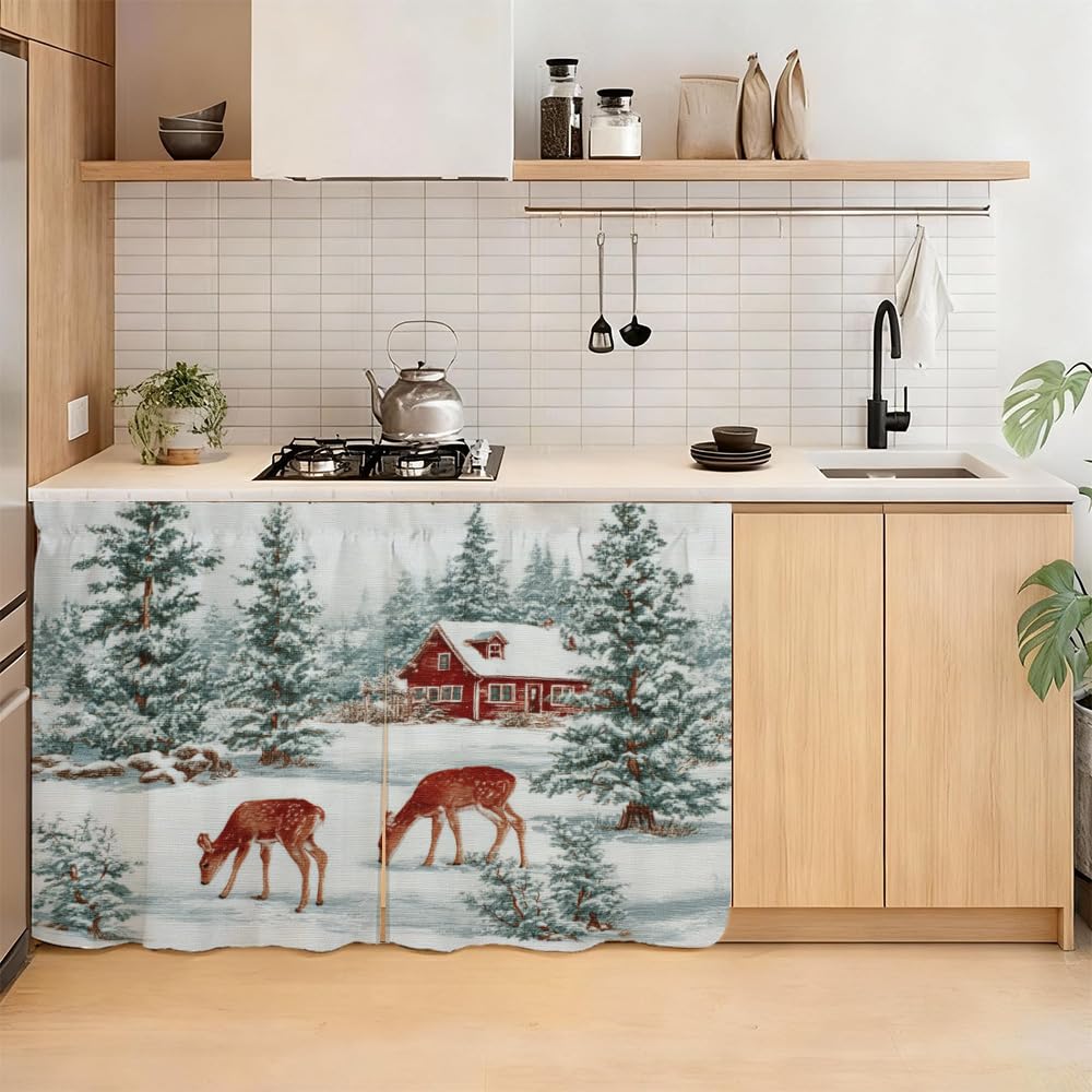 Self Adhesive Forest Deer &amp; Red Cabin Cabinet Curtain for Mother's Day, 39x28 Inch Nature Scenery Under Sink Skirt No Drill, Spring Cleaning Kitchen Decor, Hook and Loop Laundry Valance