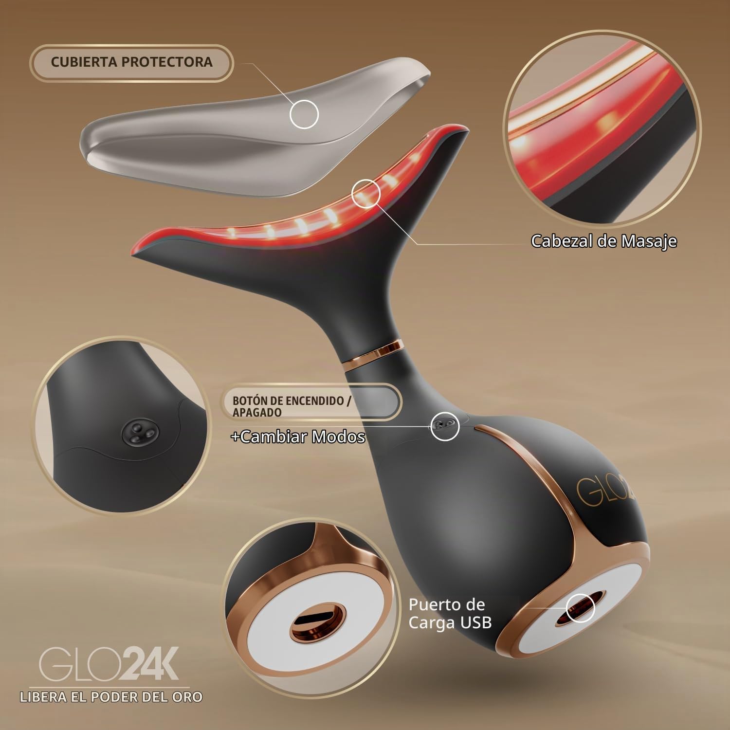 Dispositivo de belleza para el rejuvenecimiento de la piel GLO24K para rostro y cuello. Basado en tecnologías LED, térmicas y de vibración de triple acción.