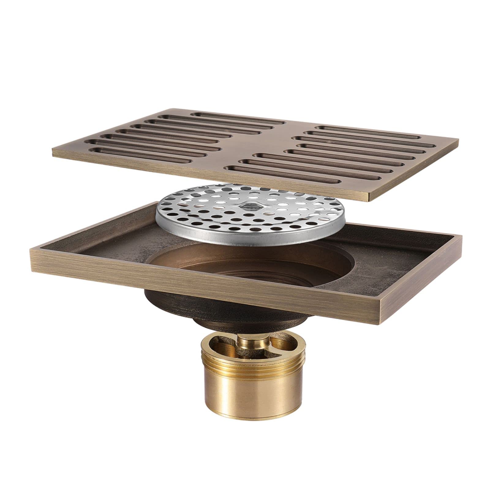 Siphon de Douche rectangulaire en Laiton à Grand débit, 140 x 90 mm, avec Couvercle Amovible, en Acier Inoxydable et Bronze