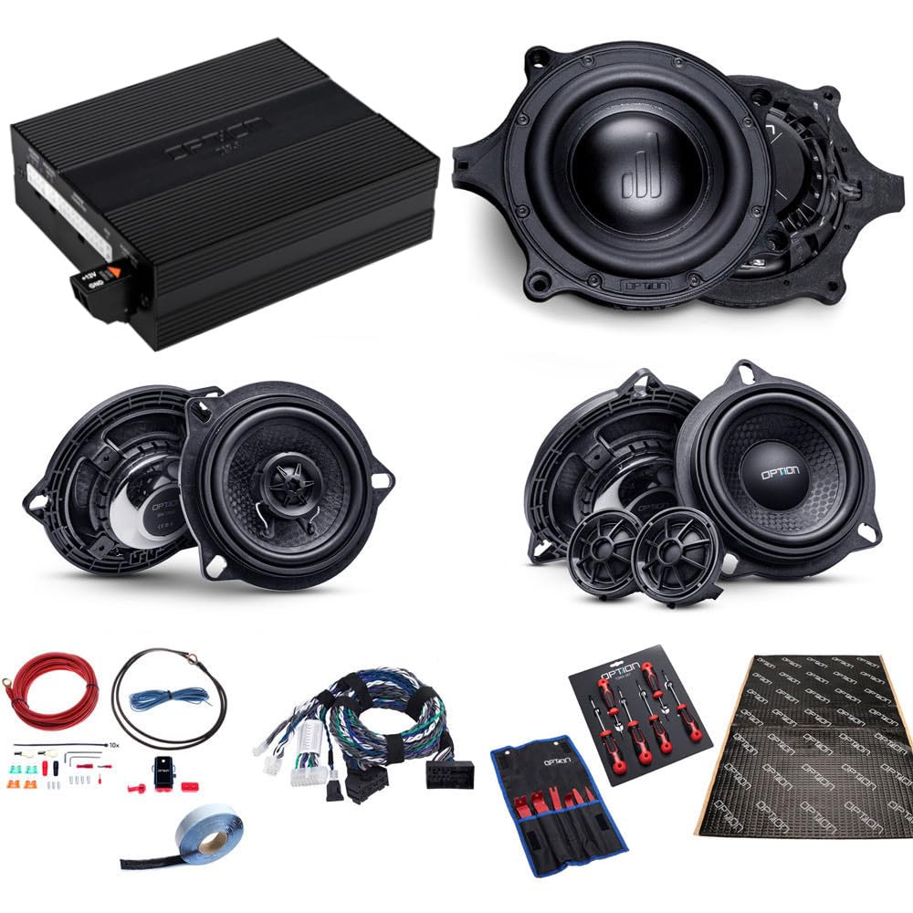 Option Soundsystem kompatibel mit BMW i4 (G26) - Komplettkit mit Plug & Play 10cm Mitteltöner, 25mm Seidenkalotten-Hochtöner, 165mm Tieftöner, 8-Kanal DSP-Verstärker, Kabelsatz, Dämmung & Werkzeug