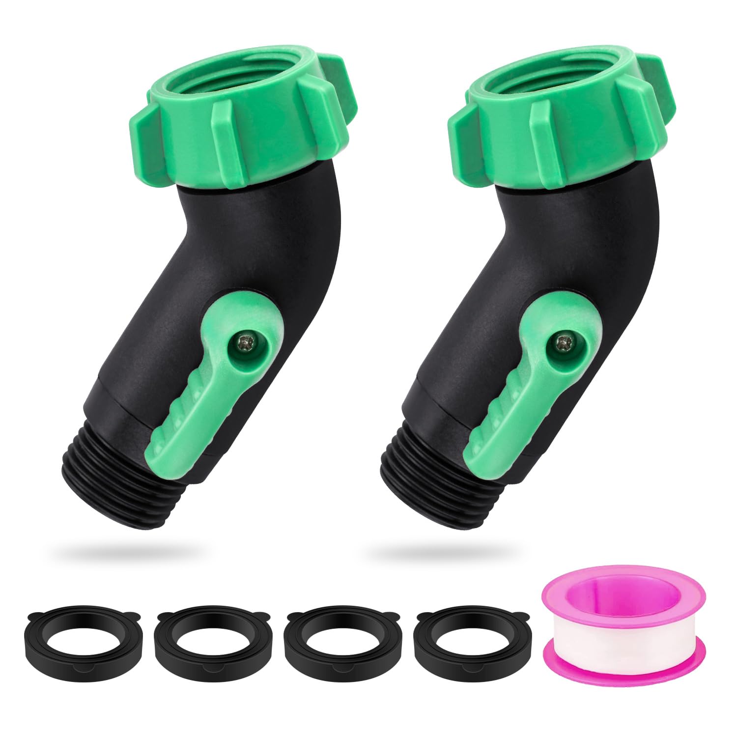 2 Packs 45 Degree Garden Hose Elbow Connector with Shut Off Valve, Heavy Duty Plastic Garden Hose Shut Off Valve, 3/4" GHT Hose Adapter for Faucet Extender with 1 Teflon Tape and 4 Washers