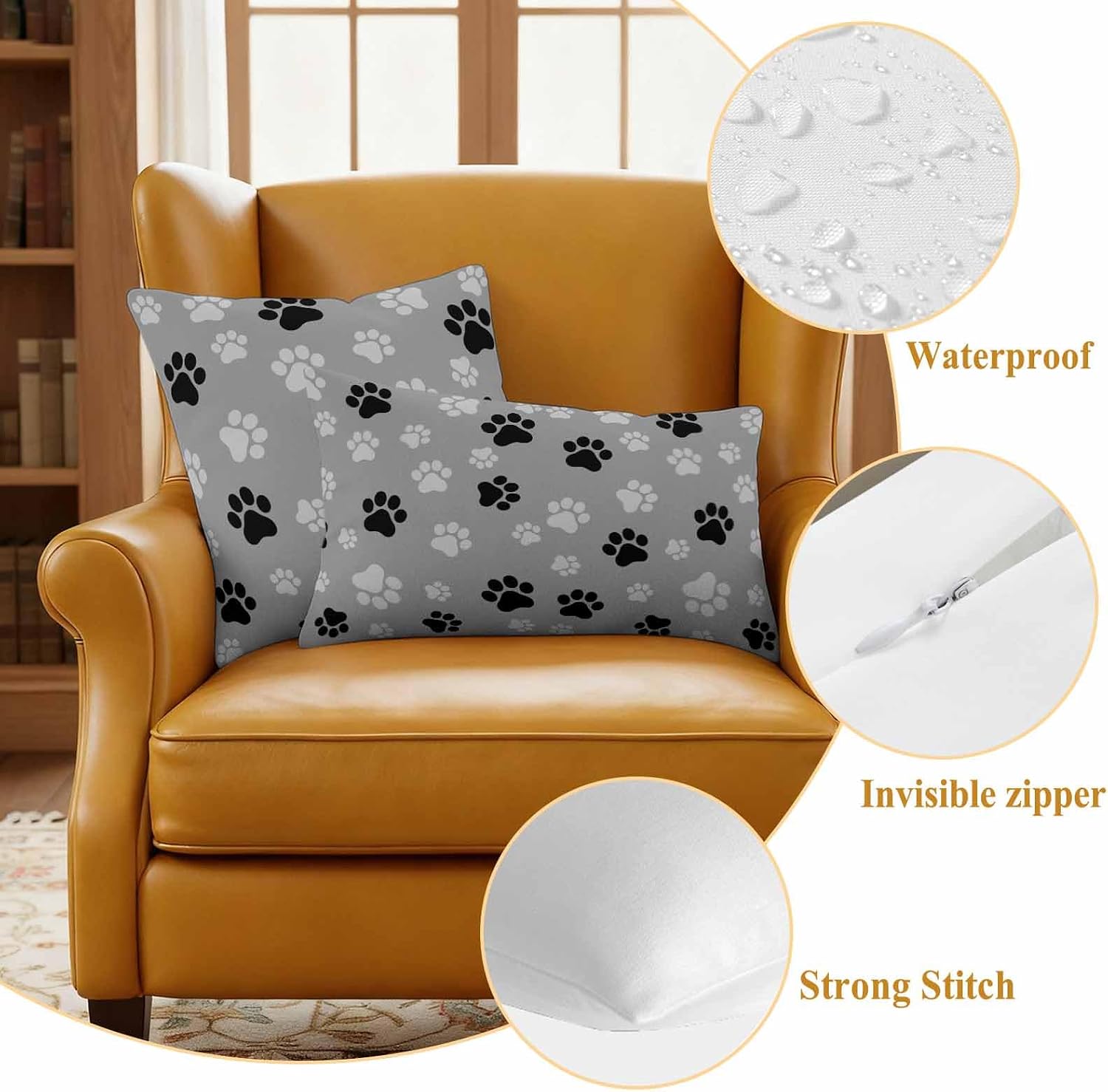 Outdoor Throw Pillow Cover Dog Paw Print Black Gray Waterproof Cushion Covers 2 Pack Animal Footprint Pattern Pillow Cases Home Decoration for Patio Garden Couch Sofa