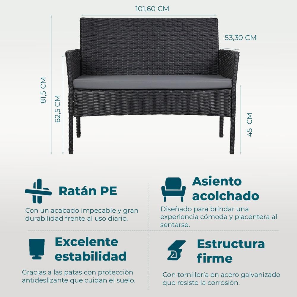 YOEVU Set Jardín 4 Piezas Ratán Sintético Antracita | Sofá y Sillas con Cojines Lavables, Mesa Cristal Templado, Resistente Agua/Sol, Ideal Terraza, Patio, Balcón