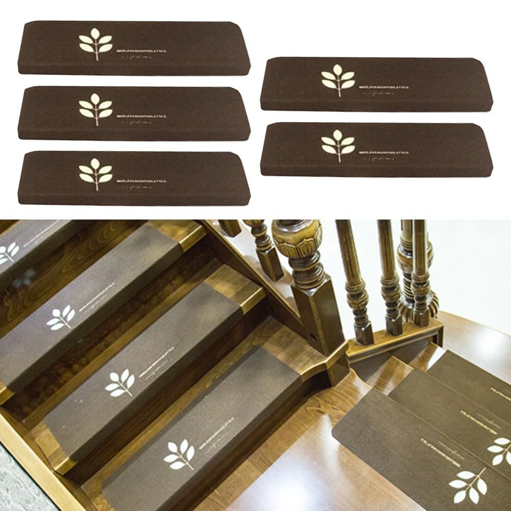 Lot de 5 tapis d'escalier autocollants phosphorescents - Antidérapant - Protection intérieure en bois marron foncé - Trèfle à quatre feuilles
