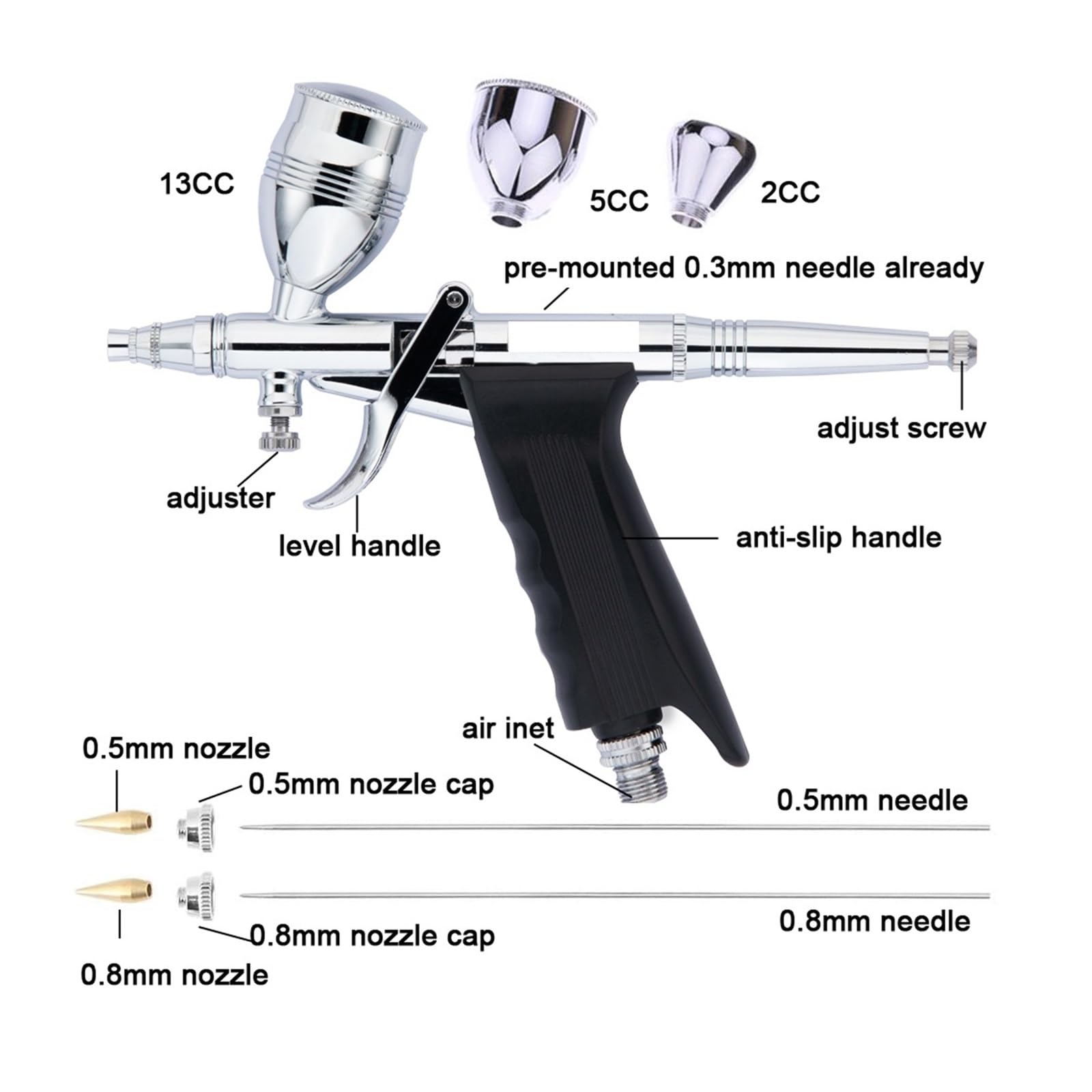 Kit de Pistola neumática, Aerógrafo de Doble acción de 0,3/0,5/0,8 mm, 2 CC, 5 CC y 13 CC, Juego de aerógrafo for modelismo en Aerosol.