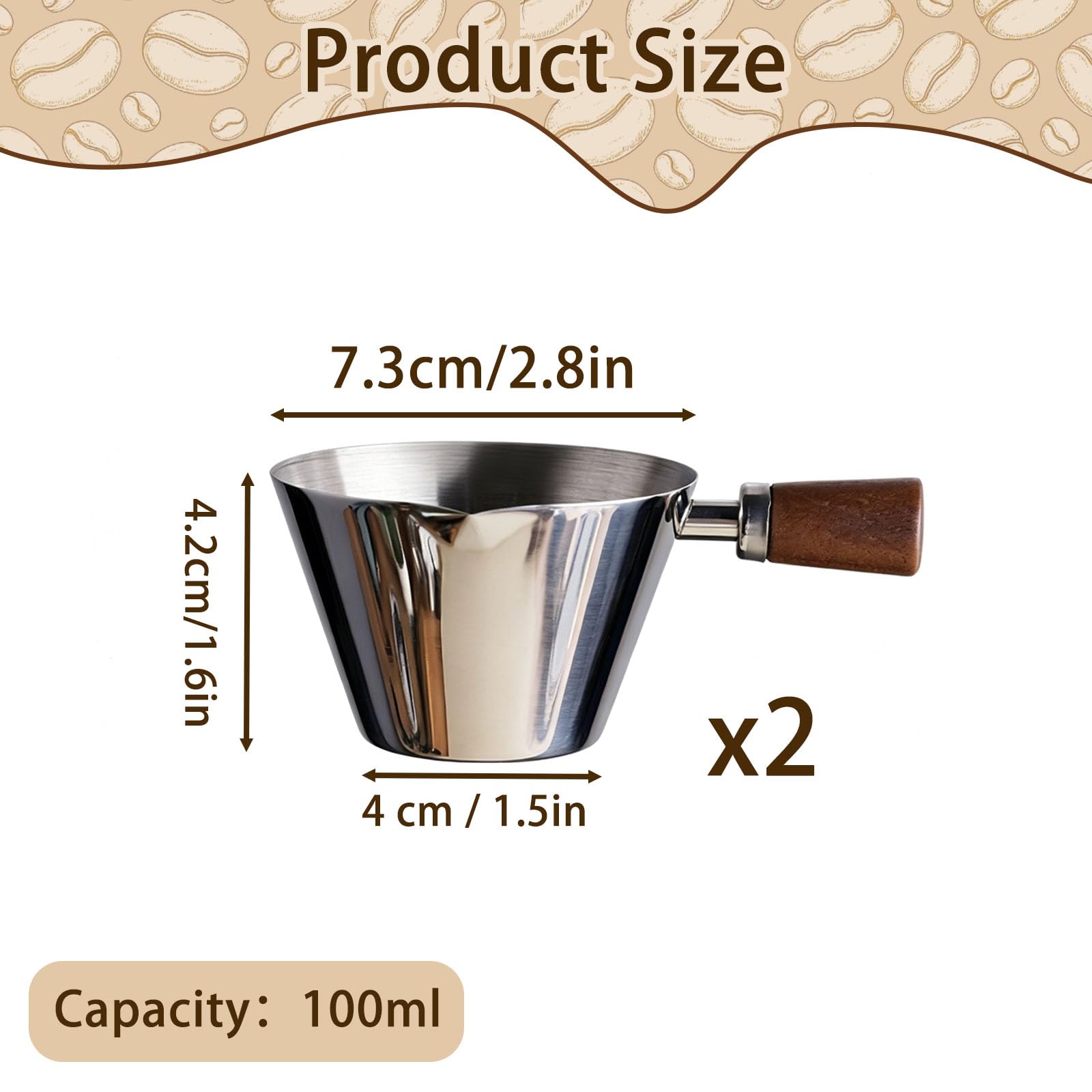 2 Stück Espresso Messbecher, mit Holzgriff und Abgestufter Skala (Silver) | 100 Ml Messbecher Kaffee Edelstahl, Mit v-Förmigem Ausguss Genaue Flüssigkeitsportionskontrolle Kaffee, Desserts, Cocktails
