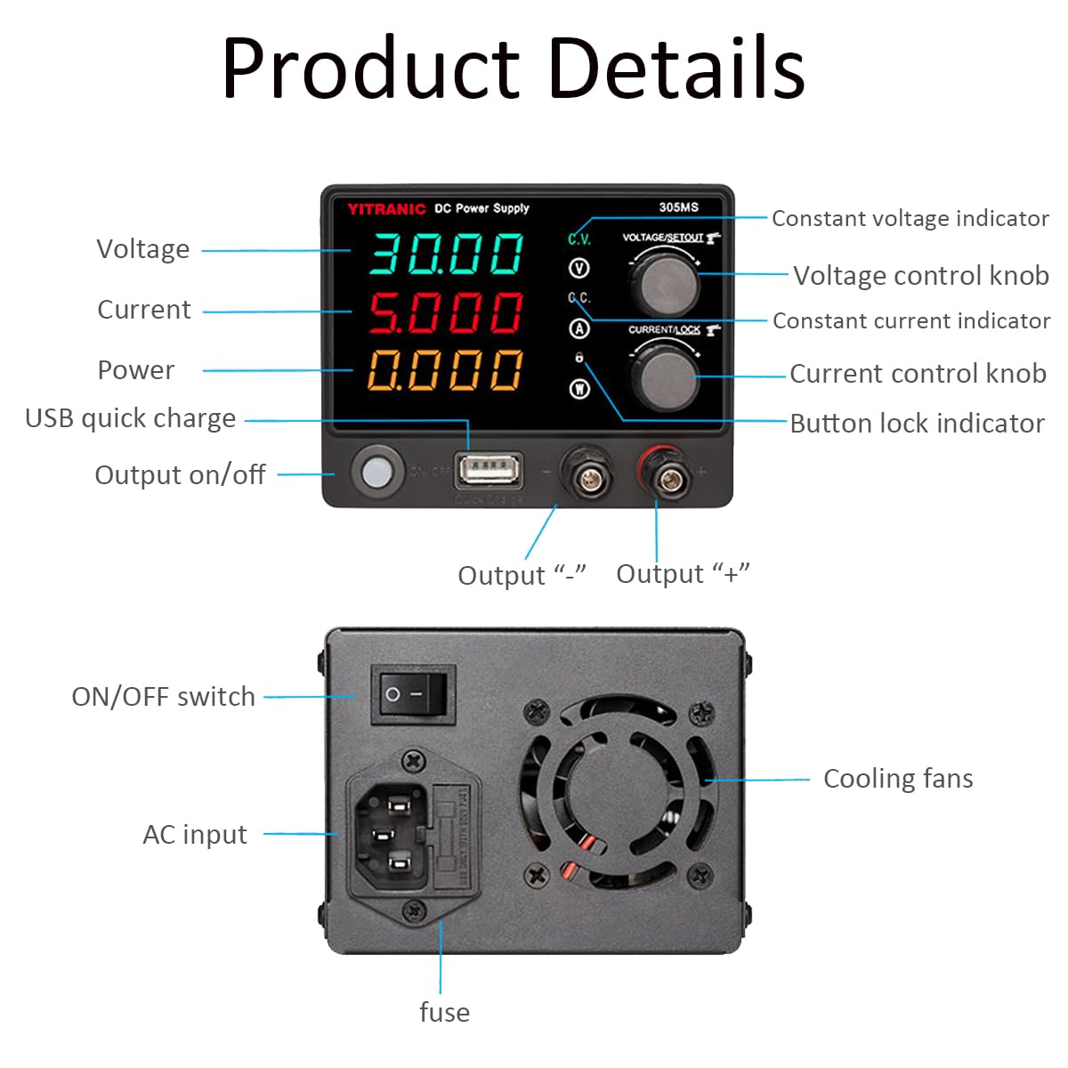 Labornetzteil DC, 0-30V 0-5A Regelbar, 4-stelliger LED-Anzeige Labornetzgerät mit QC18W USB Schnellladung, für Elektronik, Labor, Reparatur