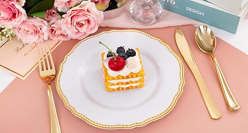 Miniatura 26 de Hioasis 60 platos de plástico dorados, vajilla desechable blanca y dorada con borde dorado, resistente, 10.25 pulgadas, platos llanos para fiestas