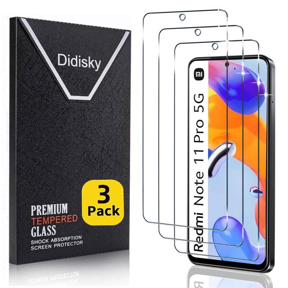 Didisky 3-Unidades Cristal Templado Protector de Pantalla para Xiaomi Redmi Note 11 pro, Antihuellas, Sin Burbujas, Fácil de Limpiar, 9H Dureza,Transparente