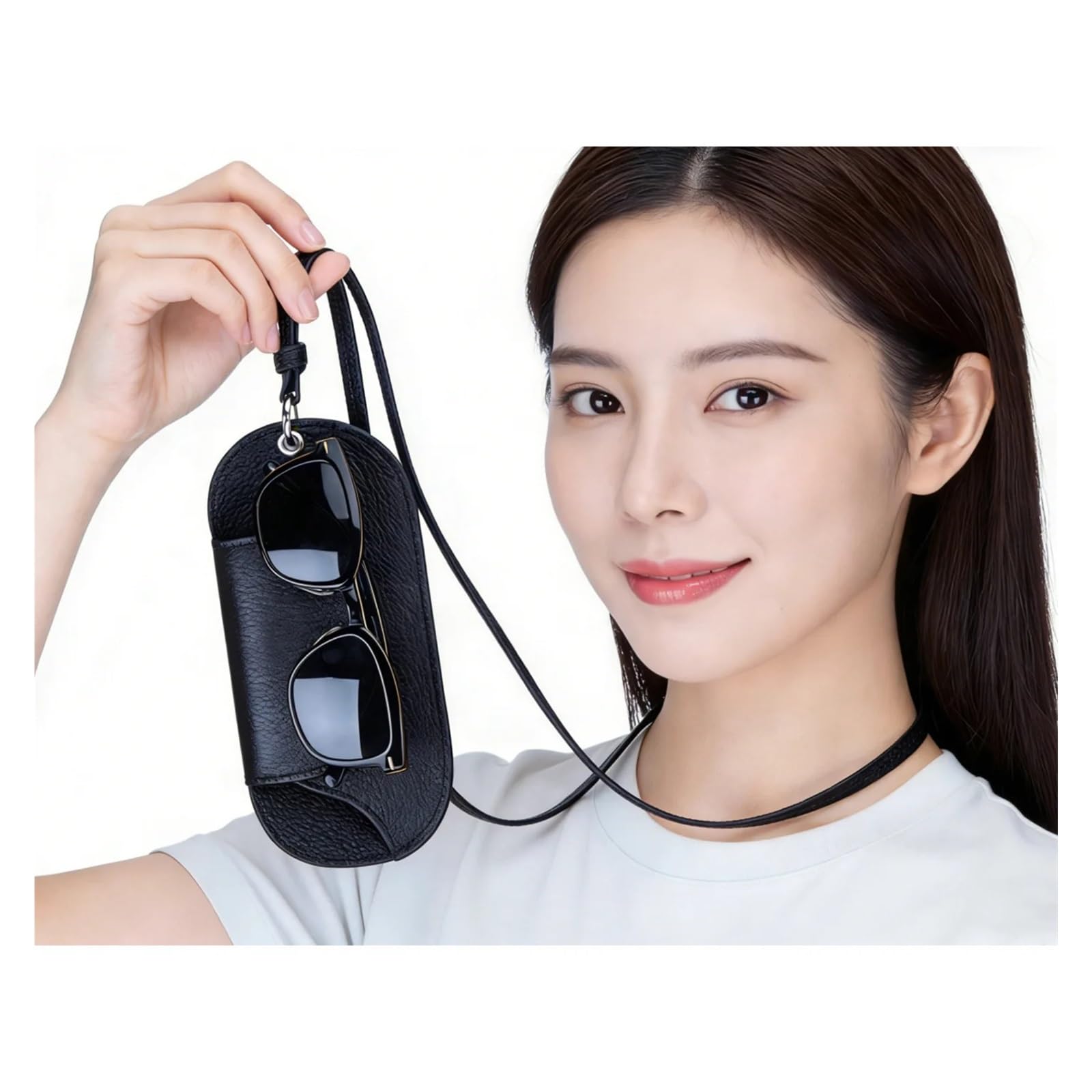 Funda de Gafas Blanda de Cuero Genuine Leather Magnetic Glasses Pouch Case with Neck Strap Cowhide Sunglasses Reading Holder