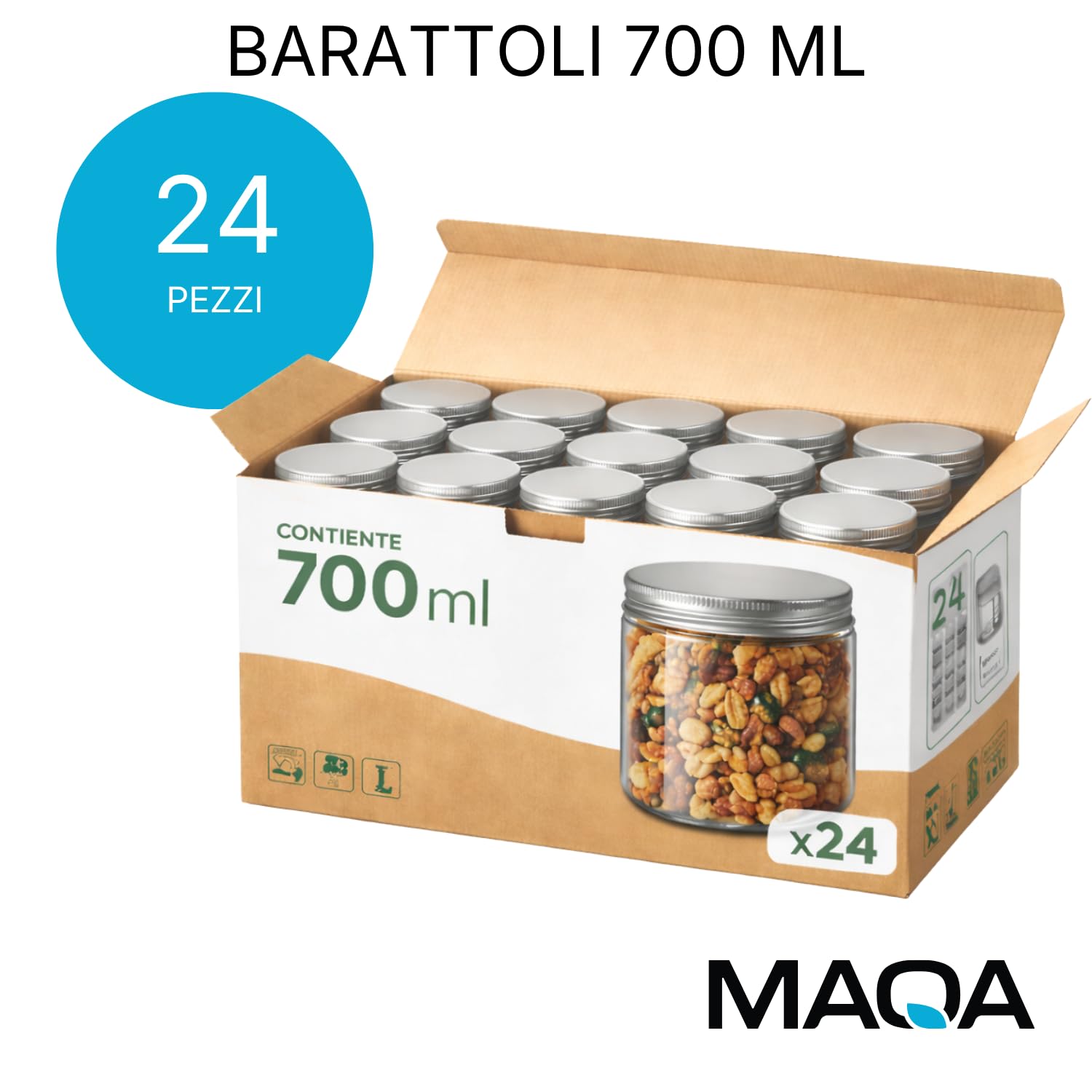 MAQA Take Away - 24 tarros de cocina transparentes de PET – 700 ml – Take Away con tapón de aluminio hermético – Tarros para especias, alimentos, ensaladas, postres y platos preparados – Antifugas