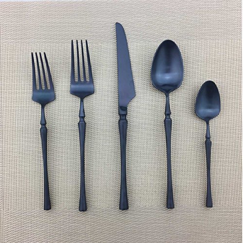 Puzhler Novelty Silverware 5-Piece Flatware Set 18/10 Stainless Steel Cutlery include Fork Knife Spoon Set for 1 (Matte,Black)
