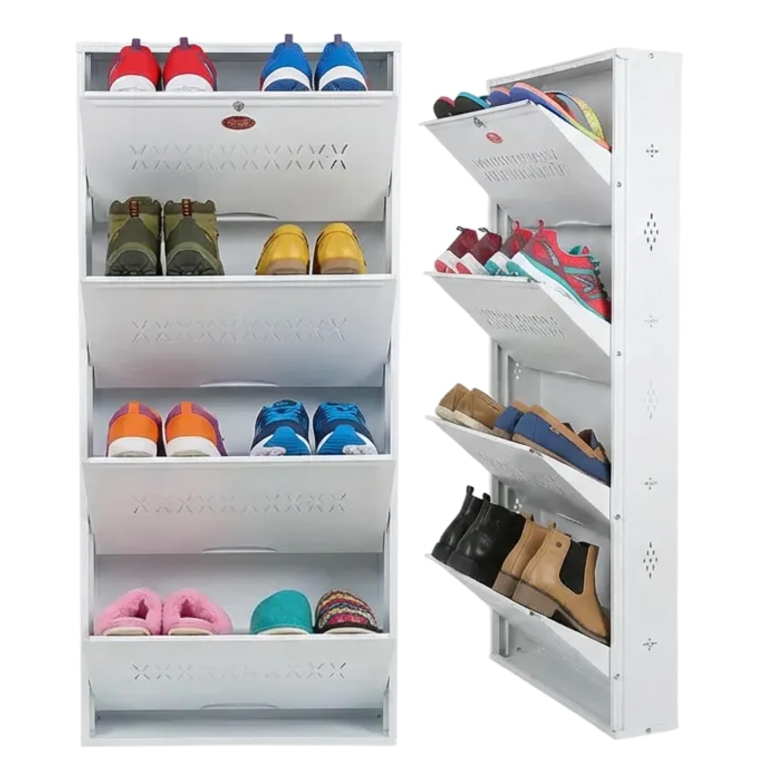 Wall Mounted Metal Shoe Rack Cabinet with Door | Dust-Proof Closed Shoe Organizer for Entryway, Bedroom & Living Room (Ivory White, 26 Inches, 4 Shelf)-image-16