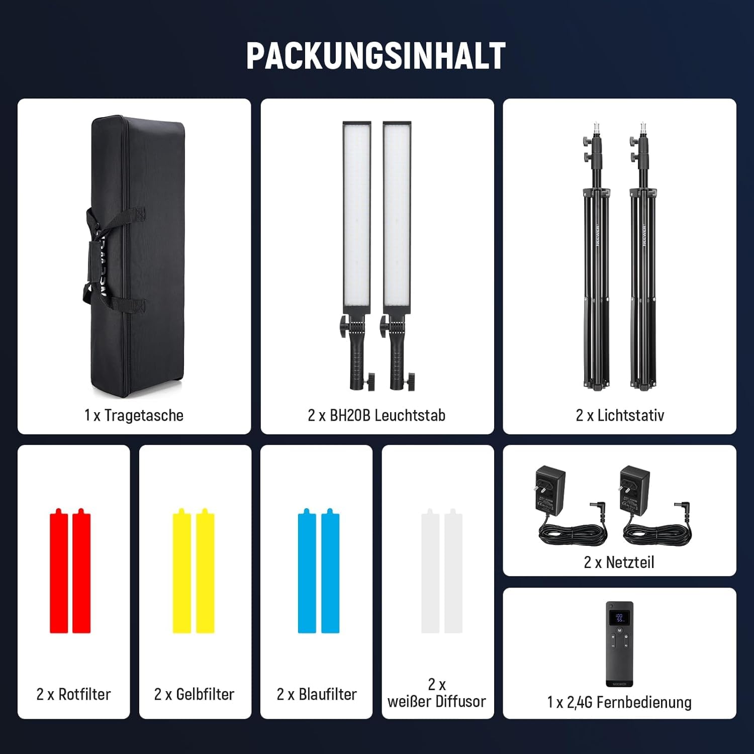 NEEWER Verbesserter LED Video Lichtstab, 2,4G Fernbedienungsset 2er Pack handgeführte dimmbare 3200K~5600K CRI97+ Leuchtstab mit Ständern/Filtern/Tasche für YouTube Video Foto Gaming, BH20B Schwarz