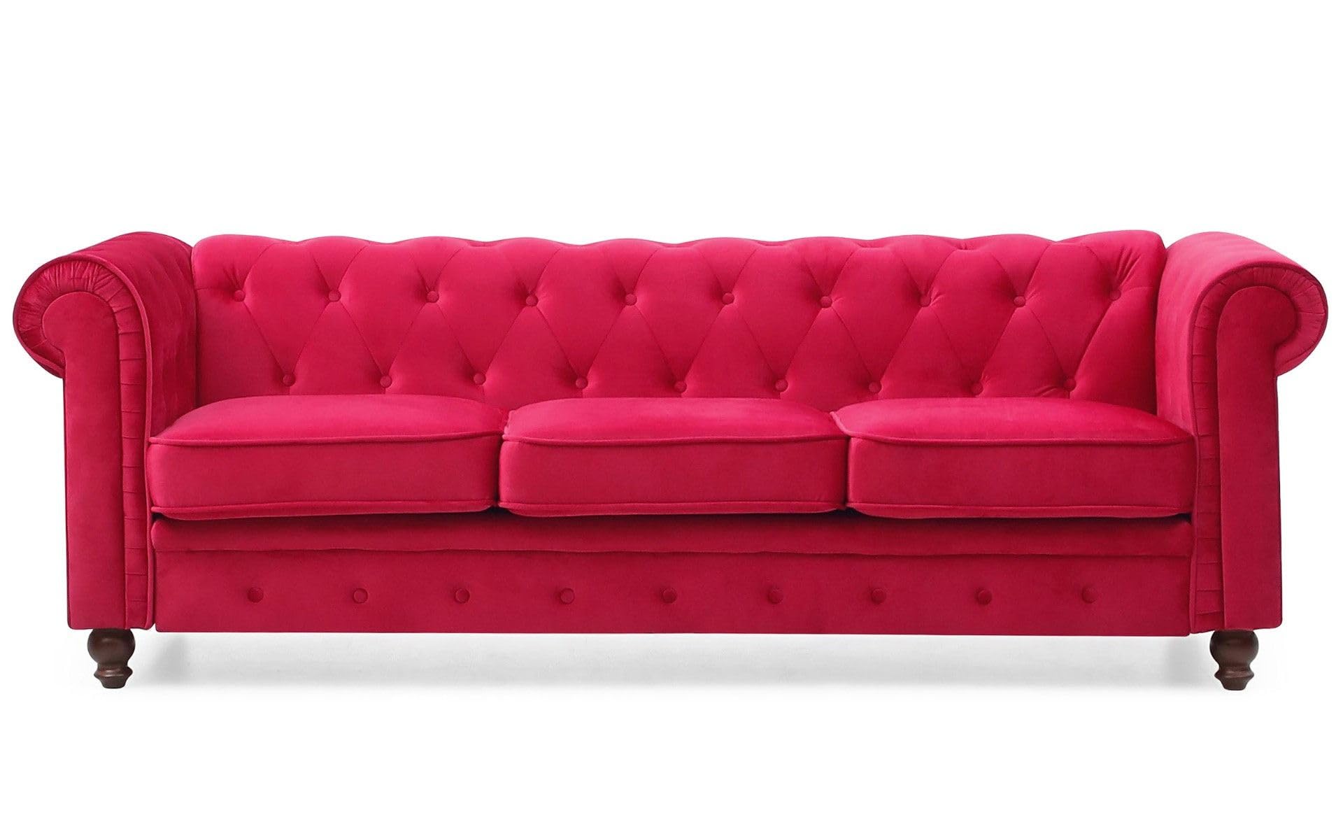Menzzo - Divano a 3 posti in legno e velluto, 80 x 207 x 72 cm, Legno, rosso, 207x80x72