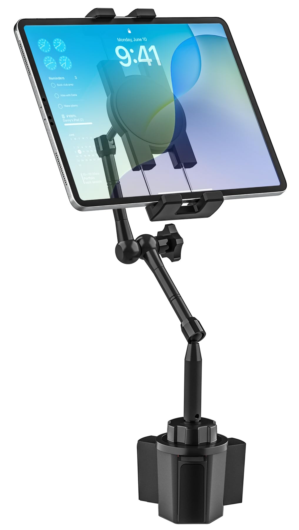 Oilcan Supporto per tablet per auto, portabicchieri [braccio lungo regolabile a 360°] in metallo, per auto, camion, tablet con braccio in alluminio per tablet, telefoni cellulari, iPad, Galaxy Tabs