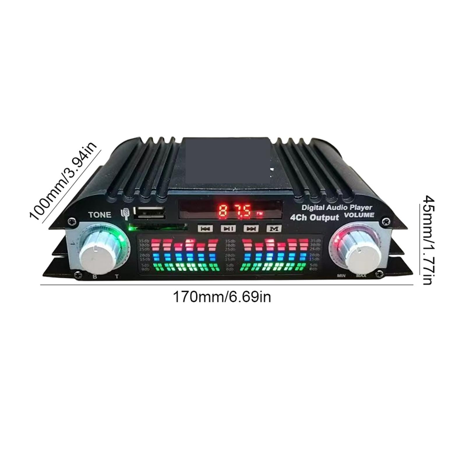Amplificateur numérique 4 canaux, Puissance de crête 1600 W, Compatible USB et Bluetooth, Mini chaîne Hi-FI stéréo Compact et Intelligent