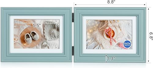 Miniatura 2 de Marco de fotos plegable de madera con bisagras horizontales de 5 x 7 pulgadas con parte delantera de cristal real en color verde azulado para mesa,