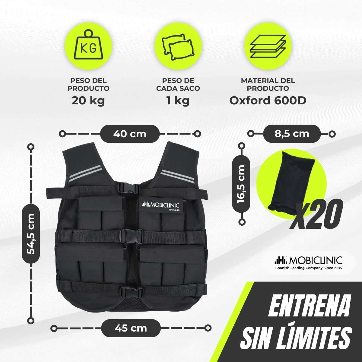Mobiclinic®, Chaleco Lastrado, 10/20kg, Chaleco de Peso, Ajustable, Resistente, Tela Oxford 600D, Peso Incluido, Bandas Reflectantes, Transpirable, Chaleco Con Pesas Para Entrenamiento Fitness, Iron