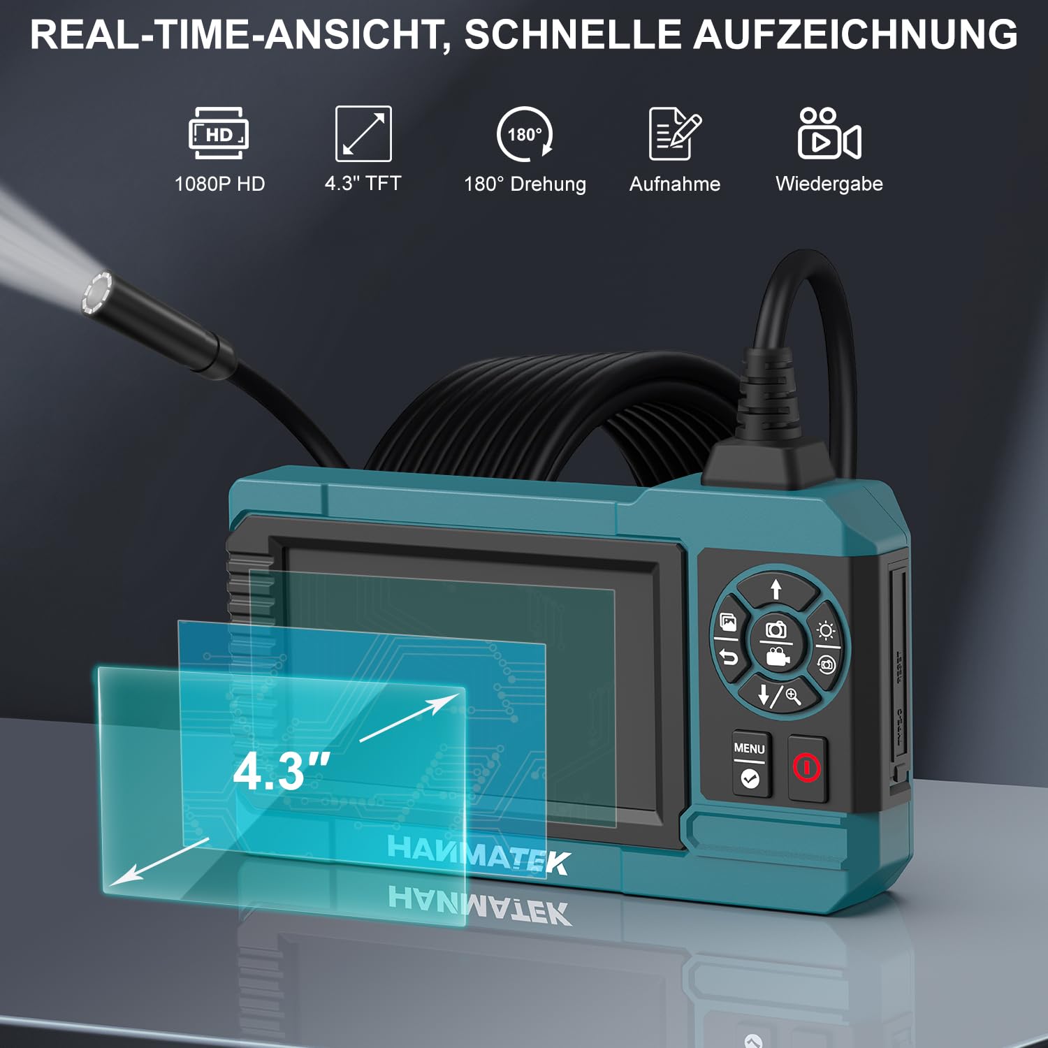 HANMATEK 1080P Industrieendoskop, 4,3-Zoll-TFT-Bildschirm, 5 m Flexibles Kabel, 8-mm-Kamera mit Einstellbarer LED-Beleuchtung, 1 Million Pixel, Foto-/Videoaufzeichnung, USB-C-Aufladung | 1080P / 1 Million Pixel, 5m flexibles Kabel, 8-mm-Kamera, Einstellba
