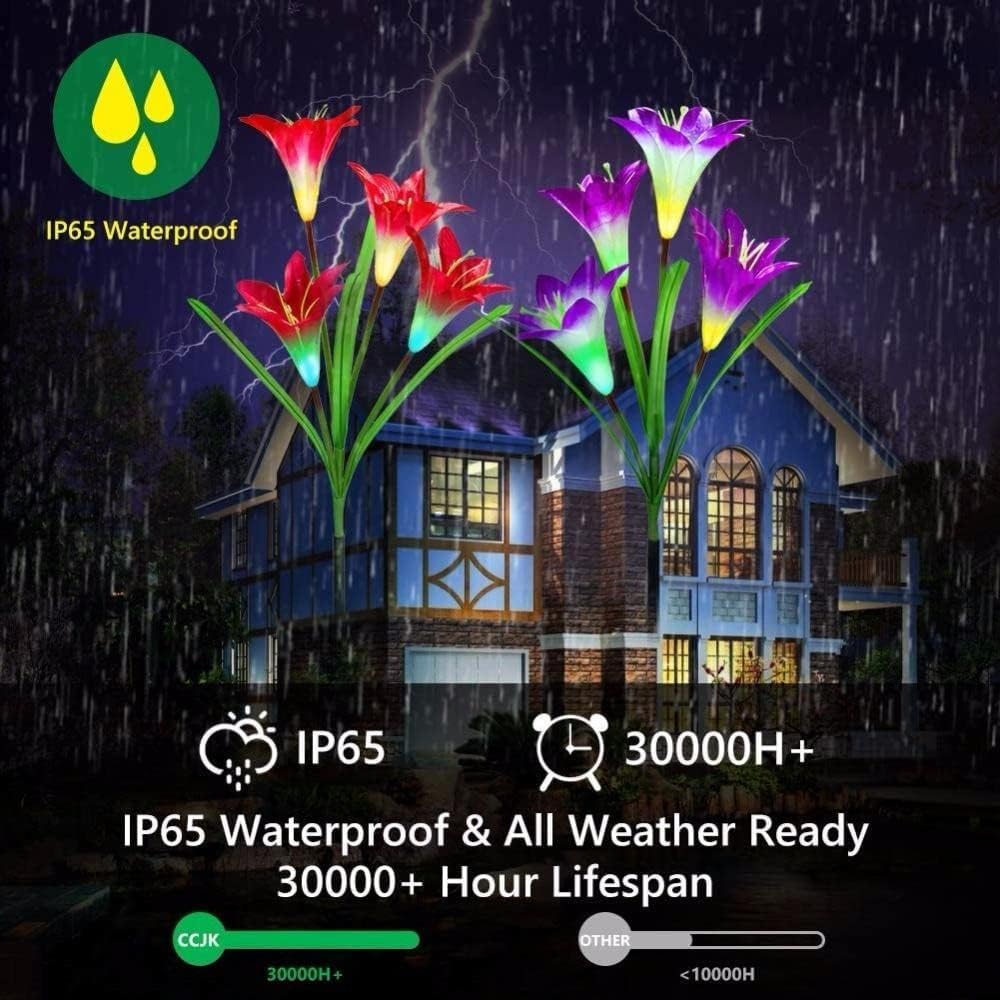 Amzxart - Luci solari per esterni, confezione da 4 pezzi, 16 fiori di giglio impermeabili a LED a energia solare, luci da giardino, multicolore che cambiano per vialetto, patio, cortile, passerella