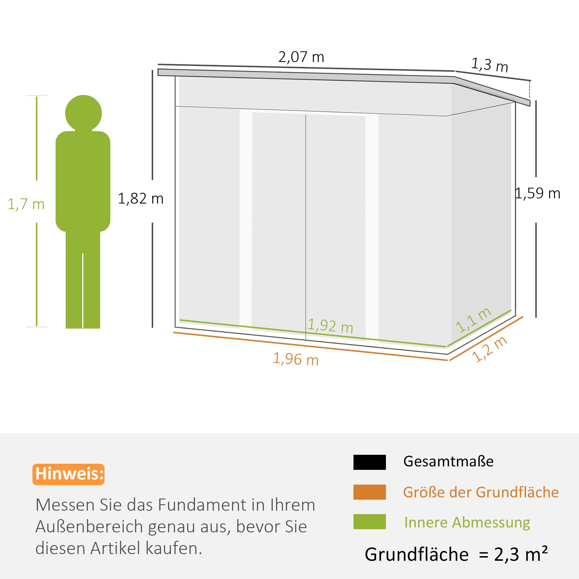 Outsunny Gerätehaus 2,3 m² 207 x 130 x 182 cm Metall Garten Schuppen mit Fenster Pultdach Schiebetüren Fundament wetterfest Geräteschuppen Outdoor Gartenhaus für Hinterhof Grün | Metall Garten Schuppen, Schiebetüren, Fundament, Wetterfest, Geräteschuppen,