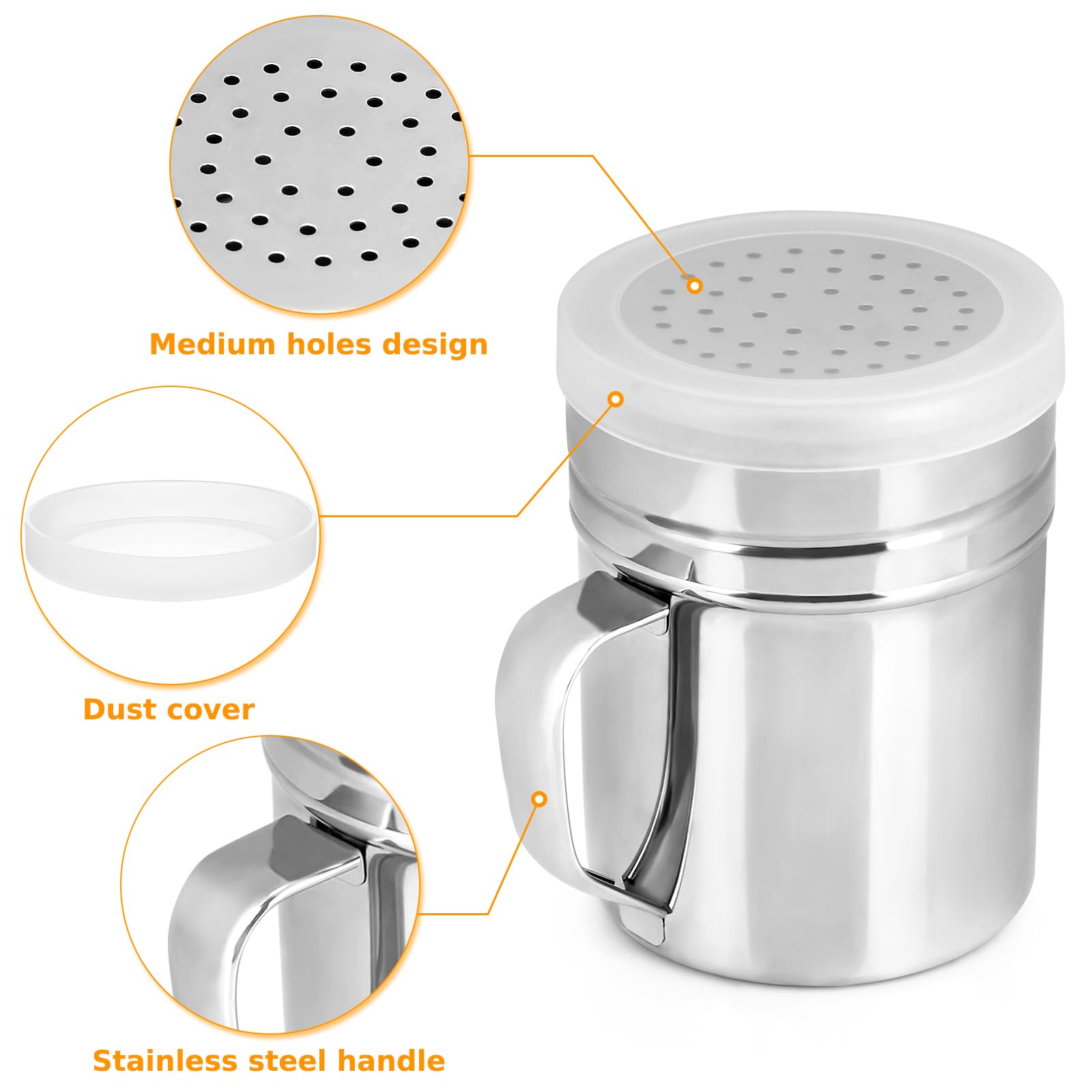 Accmor 2 dragados de acero inoxidable, salero y pimienta con asa, condimentos y especias con tapa, 10 onzas