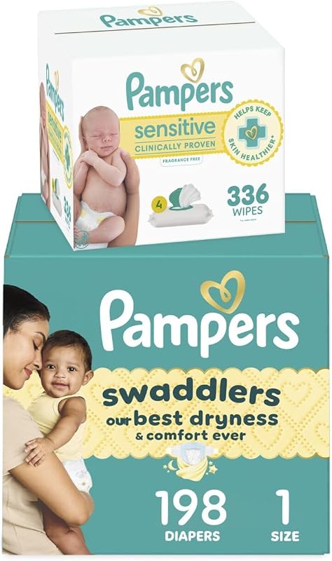 Pampers Swaddlers Disposable Baby Diapers Size 1, One Month Supply (198 Count) with Sensitive Water Based Baby Wipes 4X Pop-Top Packs (336 Count) [Packaging May Vary]