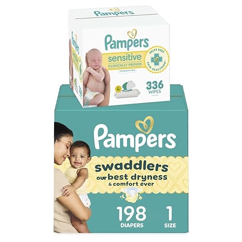 Pampers Swaddlers Disposable Baby Diapers Size 1, 198 Count with Sensitive Water Based Baby Wipes 4X Pop-Top Packs (336 Count) - Size 1 - 534