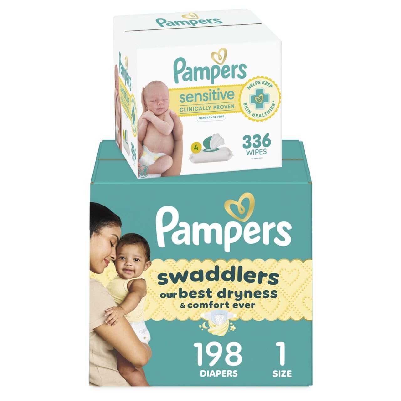 Pampers Swaddlers Disposable Baby Diapers Size 1, 198 Count with Sensitive Water Based Baby Wipes 4X Pop-Top Packs (336 Count)