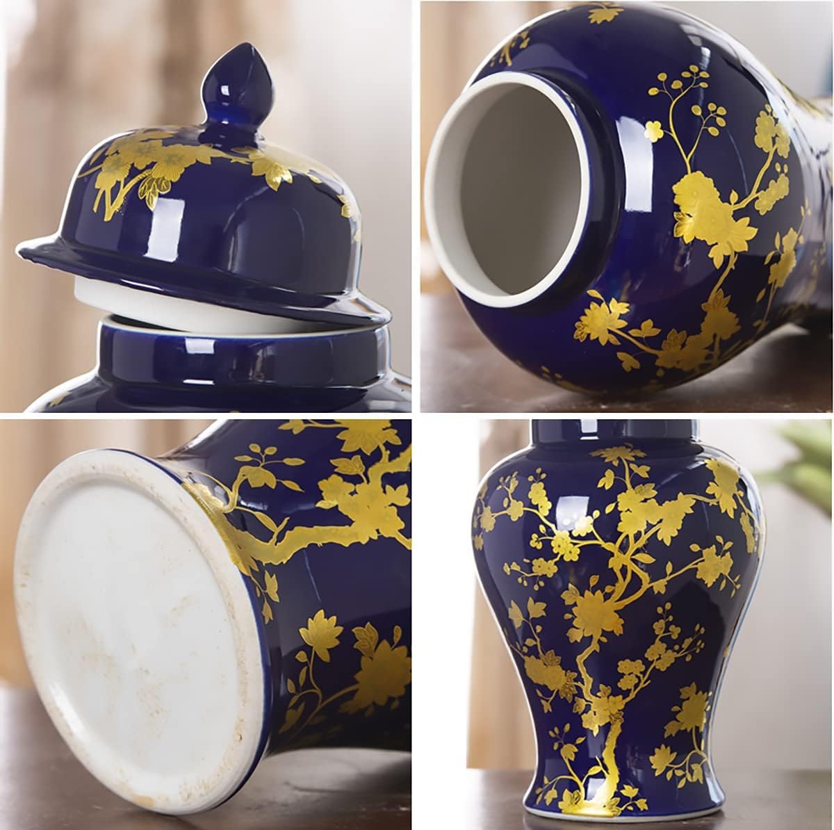 Wazon ceramiczny z malowanymi kwiatami i imbirowymi słoikami z pokrywkami do dekoracji, dekoracyjny wazon, tradycyjny słoik świątynny do biura, na stół, do salonu, na środek stołu (Szary Wilk, 45