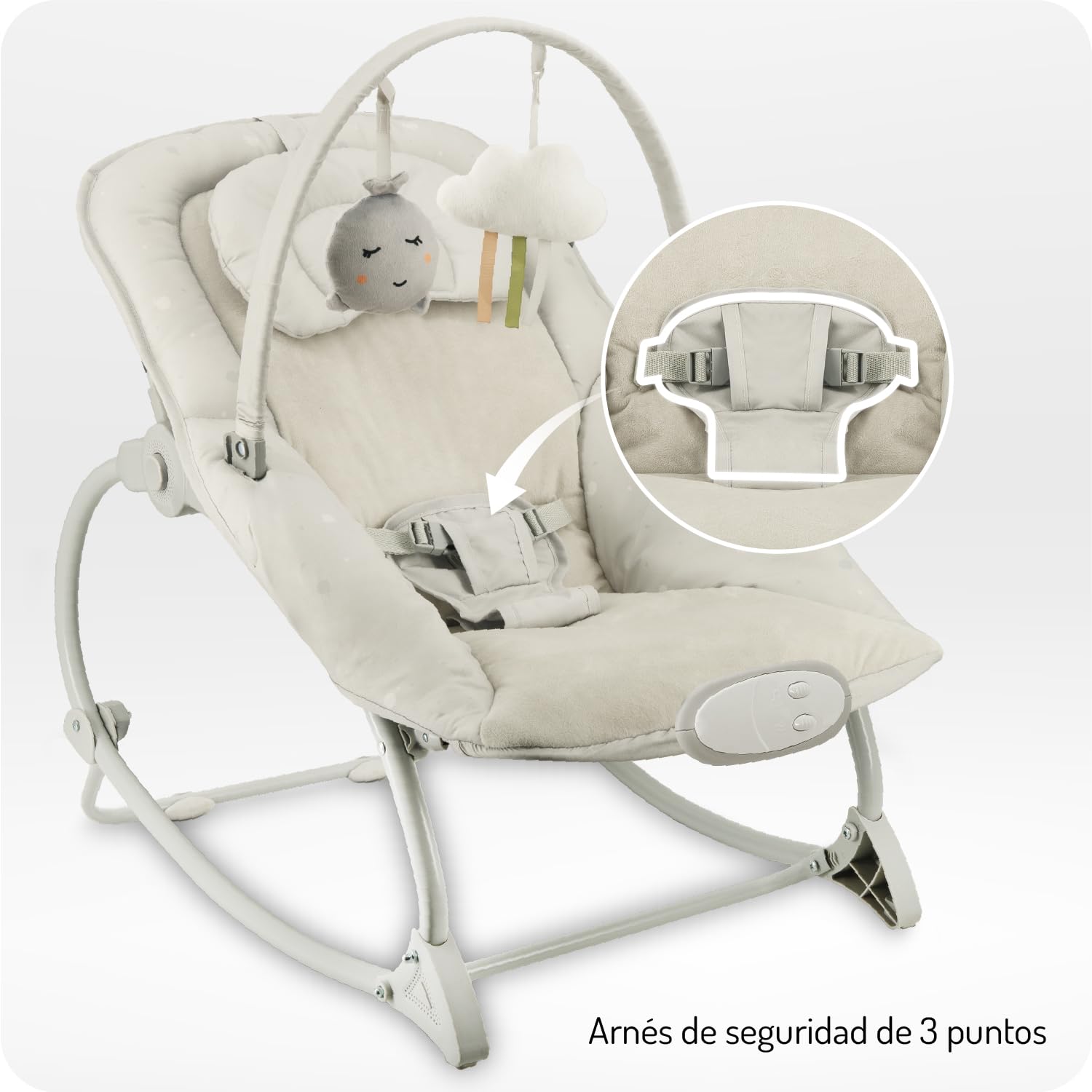 Mecedora MoMi LAPIS para niños hasta 12 kg, a pilas, arnés 3 puntos, barra con 2 juguetes, respaldo 3 posiciones, 8 melodías, control volumen, 3 modos de vibración