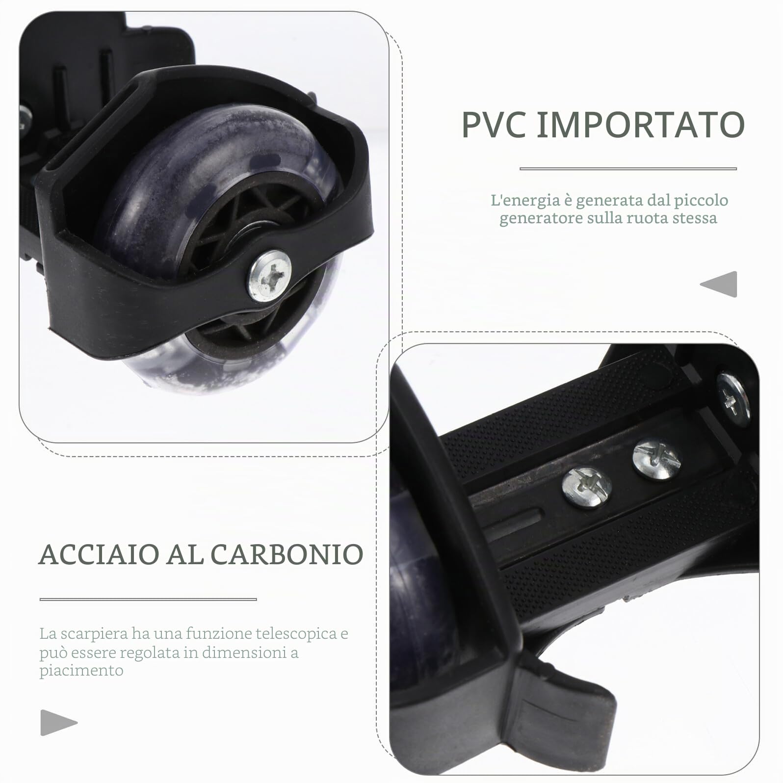 Scarpe Pattini a Rotelle Ruote, Luci Automatiche, Pvc Nero | Versione Telescopica Regolabile, Resistente All'usura, Portata 50kg, per Bambini e Ragazzi
