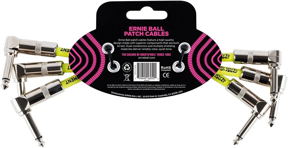 Ernie Ball Patch Cable 3-Pack, Angle/Angle, 6in, Black (P06050)