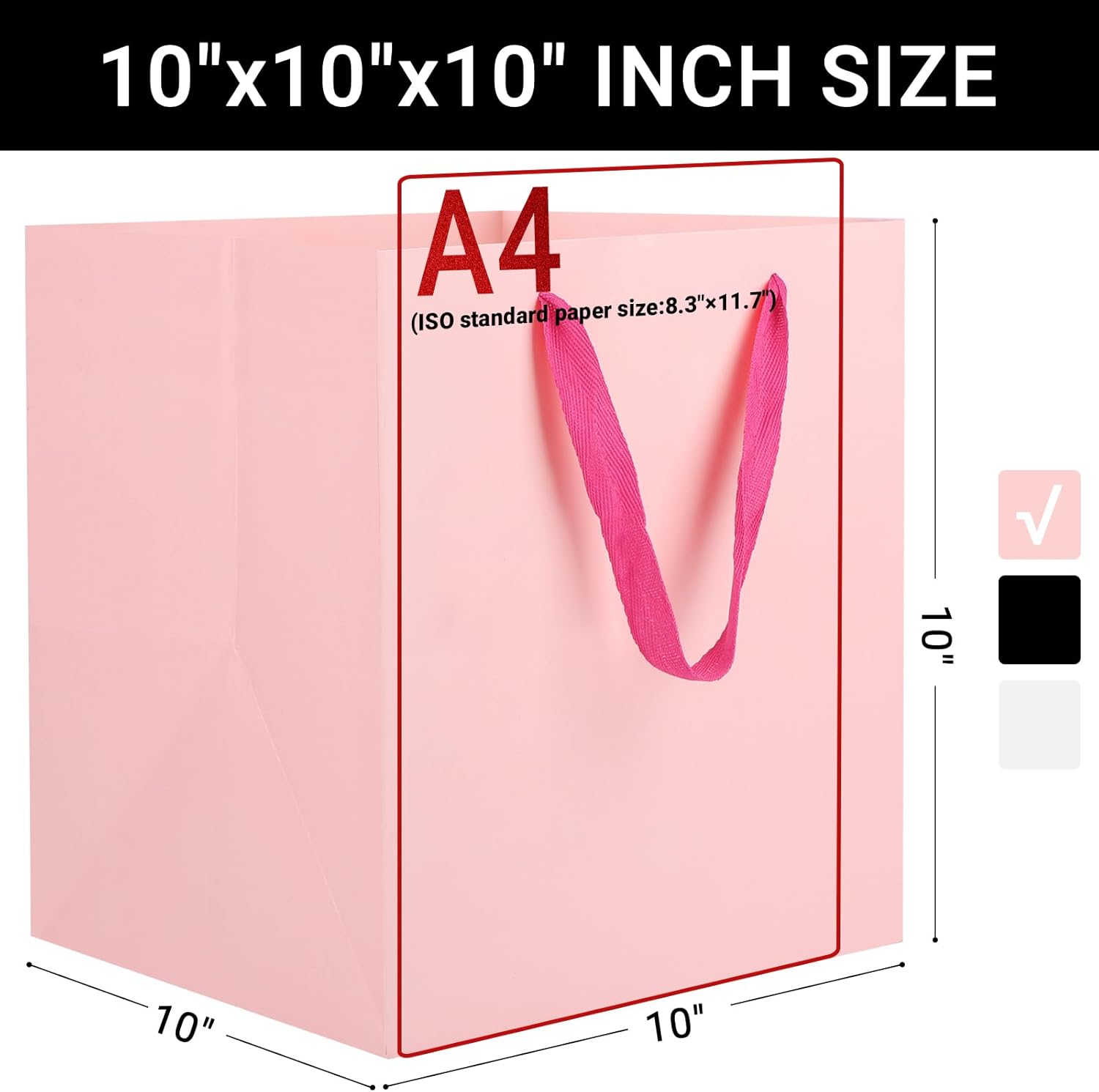 EUSOAR Wide Bottom Gift Bags, 25pcs 10"x10"x10" Pink Large Birthday Gift Bags, Paper Bag with Handles for Wedding Party Favor Craft Grocery Boutique Business