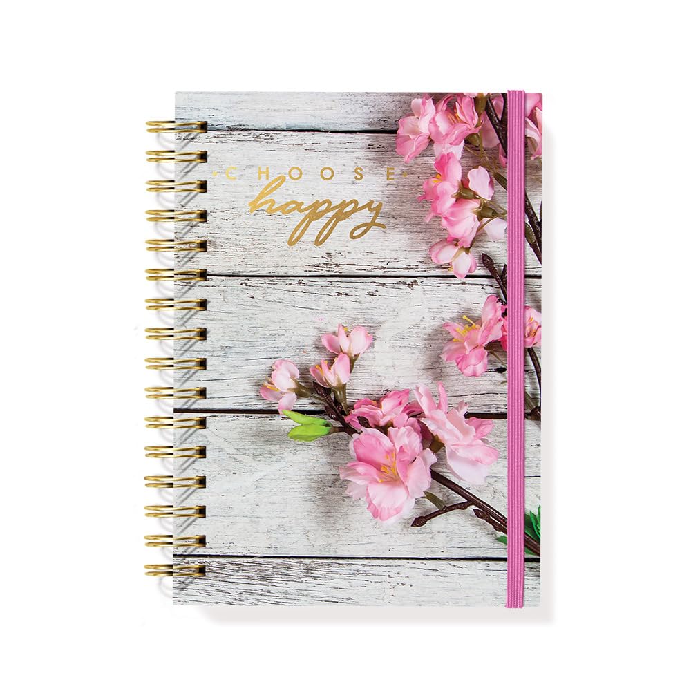 Designer Greetings, Designer Papers Flex Cover Journal with Elastic Band, "Choose Happy" Rustic Blooming Flowers Design - 320 Pages (6” x 8.25”) -