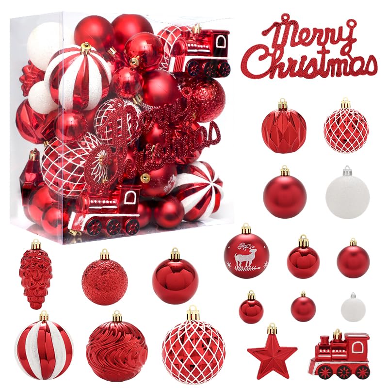 Christmas Balls 65pcs, Christmas Tree Decoration Set, Christmas Ornaments Set for Xmas Tree Holiday Party Garland Decor - Red