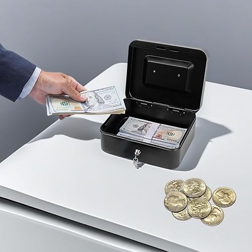 Miniatura 6 de Mini caja de efectivo de acero con bloqueo, pequeña caja de seguridad con asa portátil, banco de dinero sin bandeja de dinero, lata para efectivo