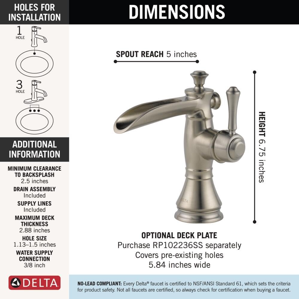 Diagram illustrating the dimensions and installation requirements for the Delta Cassidy faucet, including spout reach, height, and hole count.